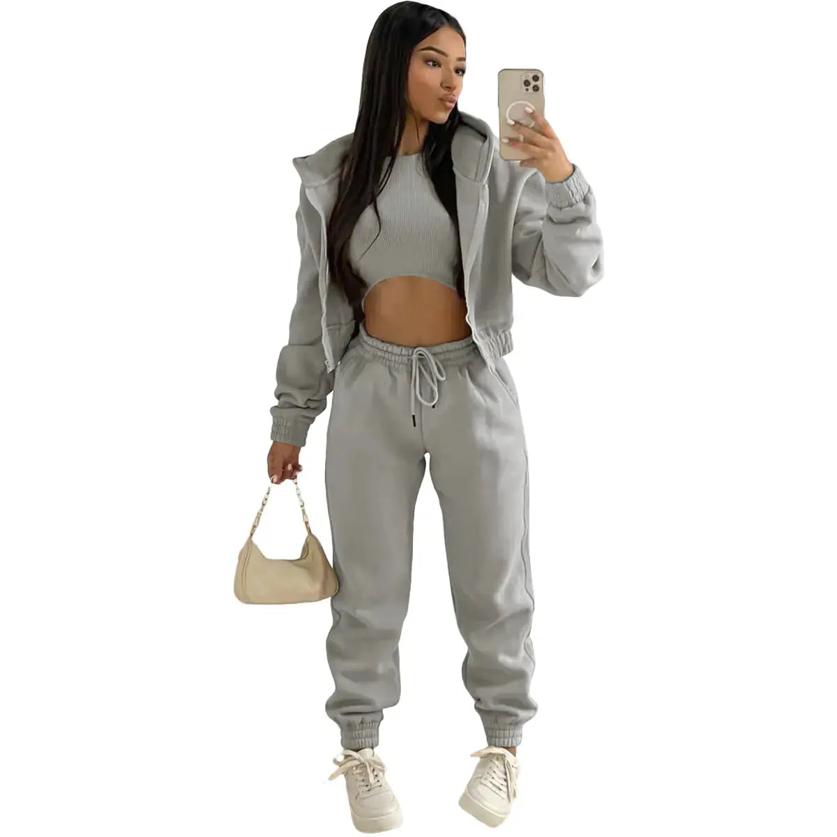 Women’s Three-Piece Tracksuit Set – Cream Bomber Jacket, Crop Top and Joggers