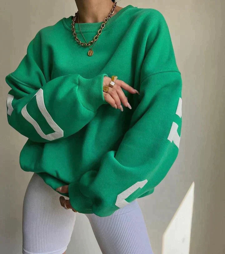 Women’s Cropped Varsity Jumper – Cream Knit with Green Letter Print