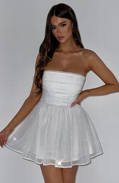 Strapless Glitter Mini Dress – A-Line Party Dress with Fitted Bodice