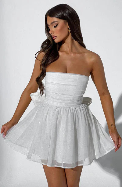 Strapless Glitter Mini Dress – A-Line Party Dress with Fitted Bodice