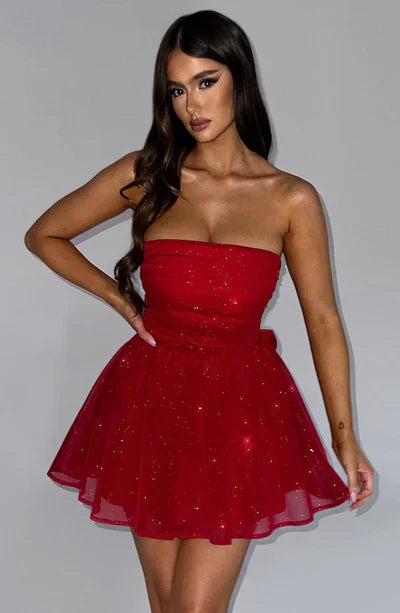 Strapless Glitter Mini Dress – A-Line Party Dress with Fitted Bodice