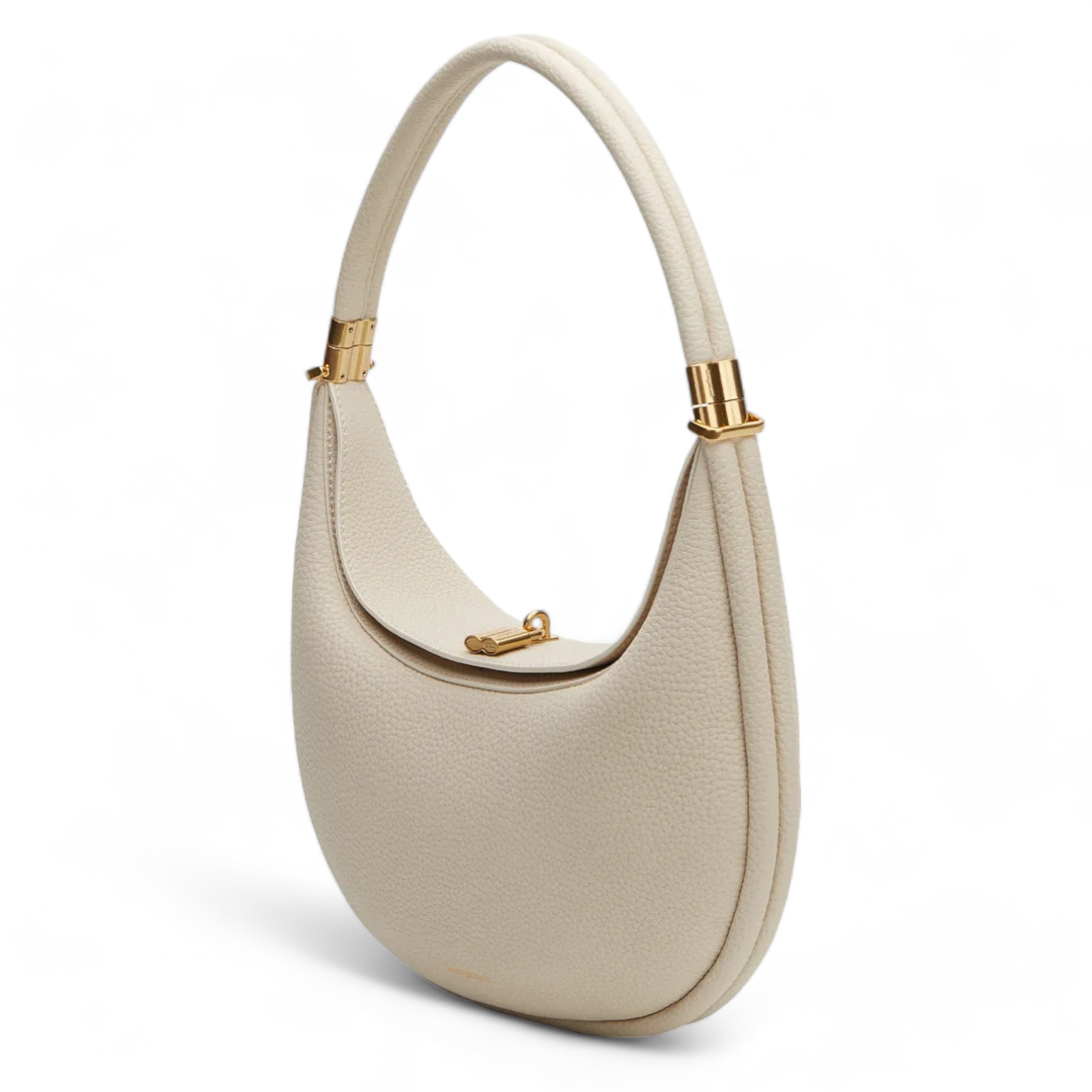 Black Leather Crescent Shoulder Bag with Gold Hardware