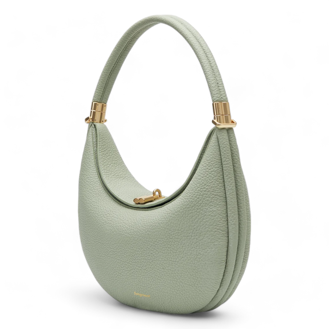 Black Leather Crescent Shoulder Bag with Gold Hardware