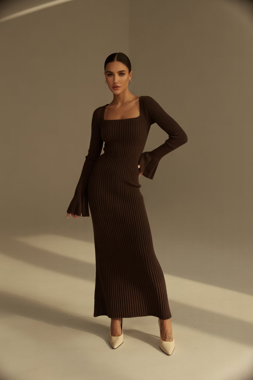 Purple ribbed maxi dress with flared sleeves and square neckline