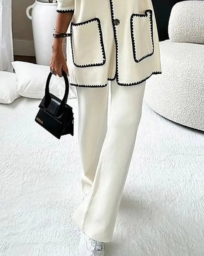 Women’s Two-Piece Set – Cream Button-Up Top and Wide-Leg Trousers with Black Trim