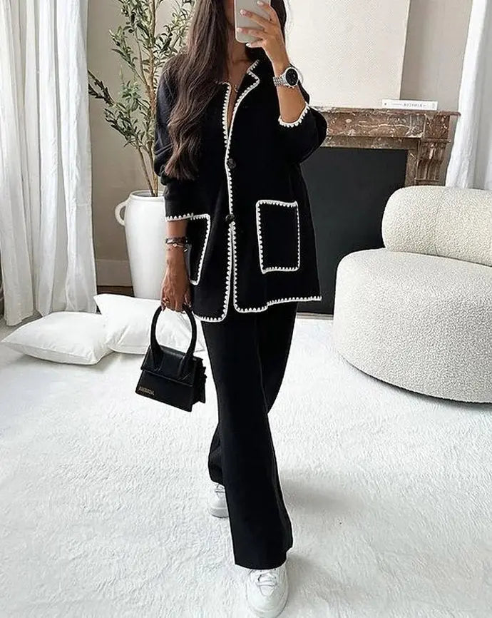 Women’s Two-Piece Set – Cream Button-Up Top and Wide-Leg Trousers with Black Trim