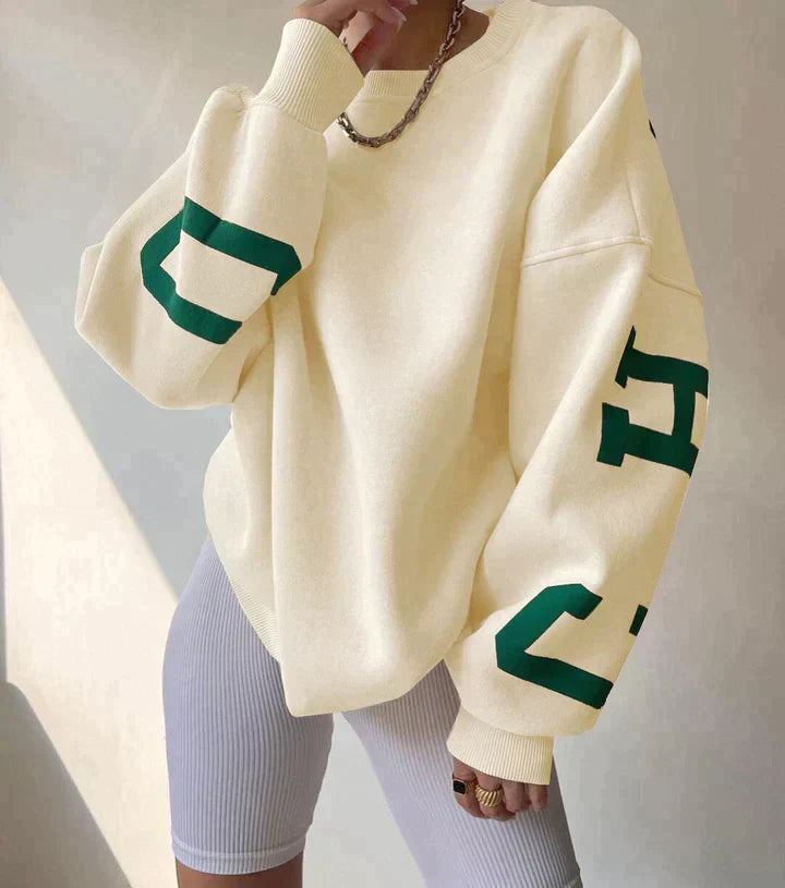 Women’s Cropped Varsity Jumper – Cream Knit with Green Letter Print